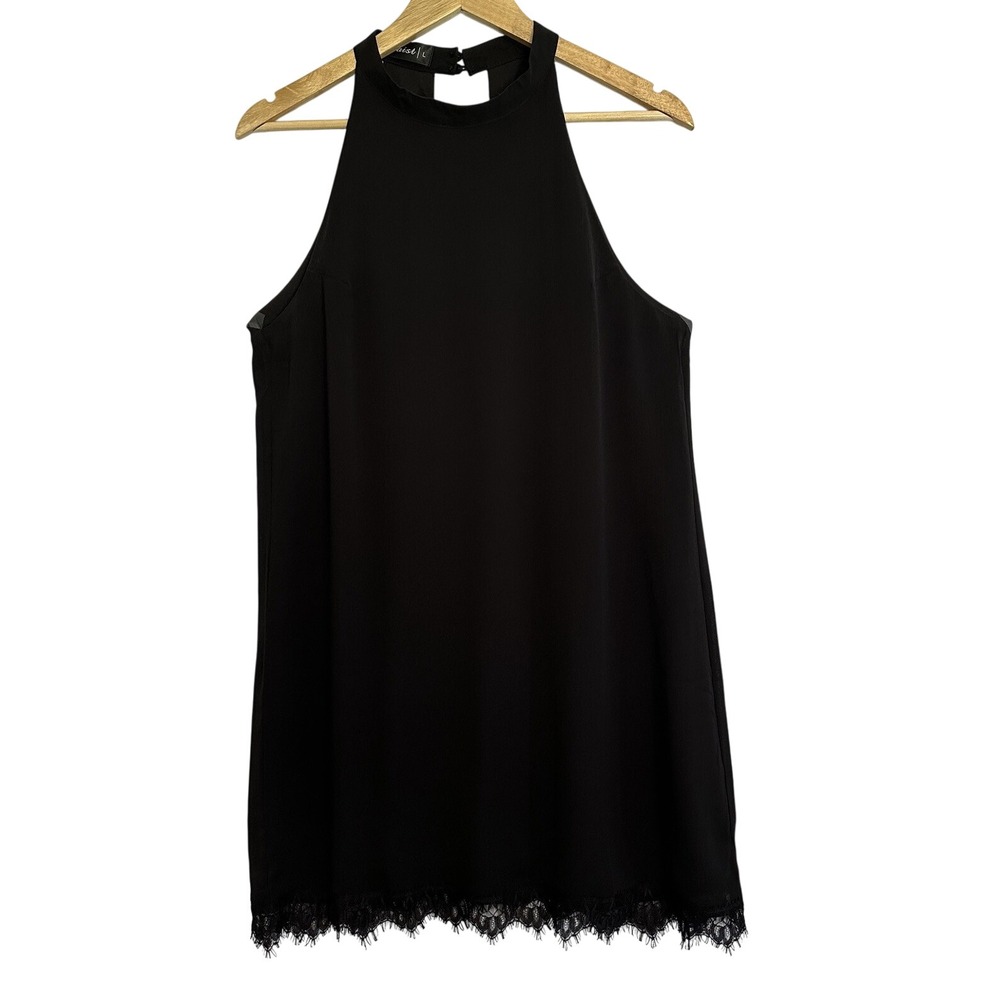 Fantaist Halter Dress Womens Large Black Lace Trim Keyhole Back‎ Mini Shift LBD